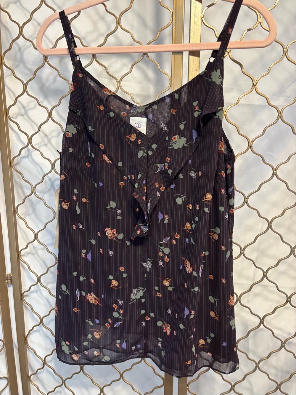 CAbi NWT Black Floral Pinstripe Cami Top size M